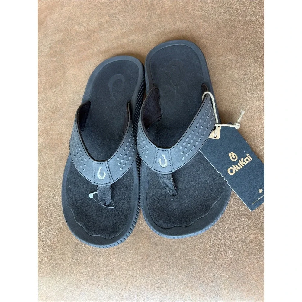 OluKai Ulele Mens Sandals Black Flip Flops 10435-4040 Size 7